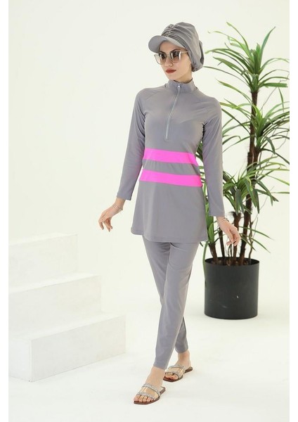 Golf Pembe Şeritli Gri Tasarım Tesettür Ikili Mayo Takım