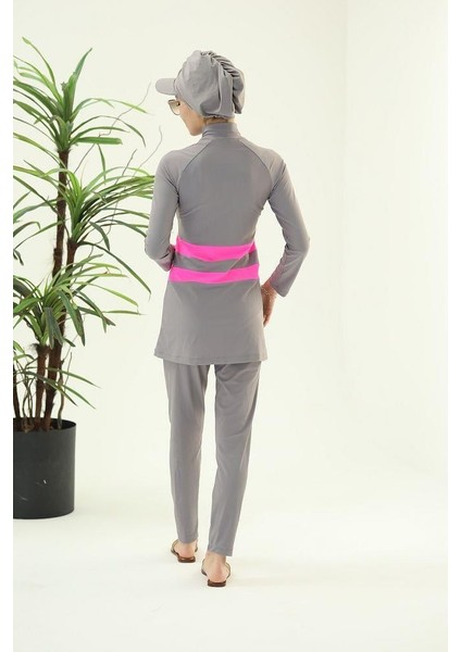 Golf Pembe Şeritli Gri Tasarım Tesettür Ikili Mayo Takım modelleri