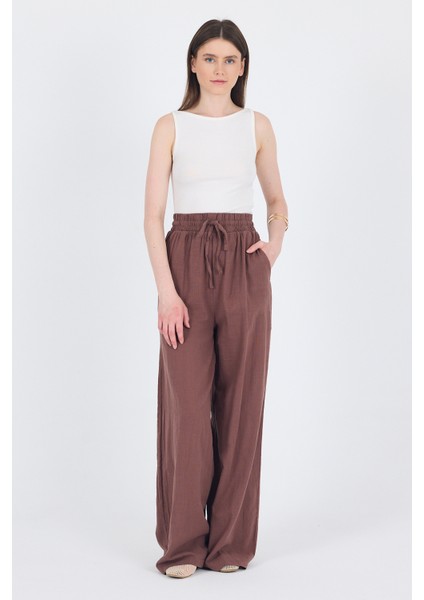 Kahve Keten Görünümlü %100 Pamuk Bol Paça Pantolon 3040 modelleri