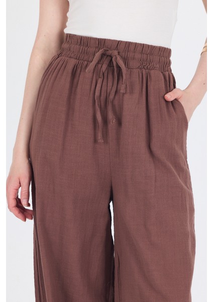 Kahve Keten Görünümlü %100 Pamuk Bol Paça Pantolon 3040 fırsatları