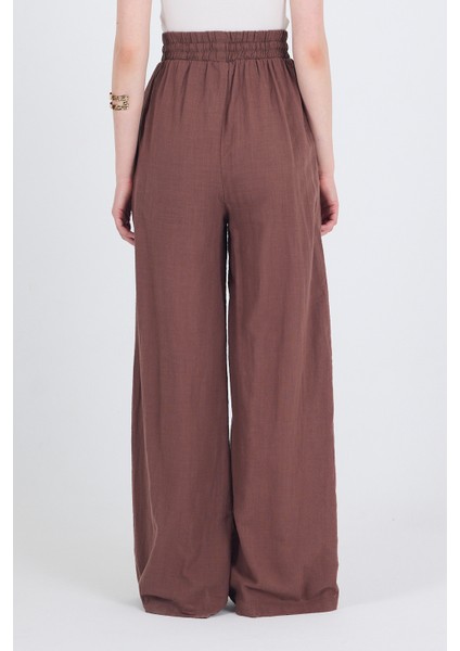 Kahve Keten Görünümlü %100 Pamuk Bol Paça Pantolon 3040 indirimleri