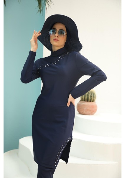 Lacivert Çakım Taşlı Tasarım Testtür Mayo Takım