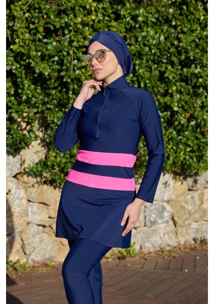 Golf Pembe Şeritli Lacivert Tasarım Tesettür Ikili Mayo Takım indirimleri