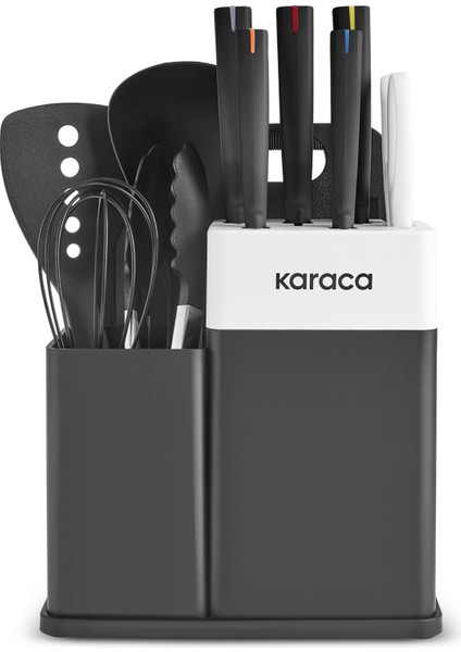 Yame 12 Parça Standlı, Kesme Tahtalı Servis ve Bıçak Seti Siyah