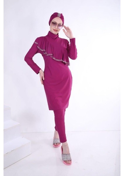 Kadın Allerli Tasarım Tesettür Mayo Takım - Vişne