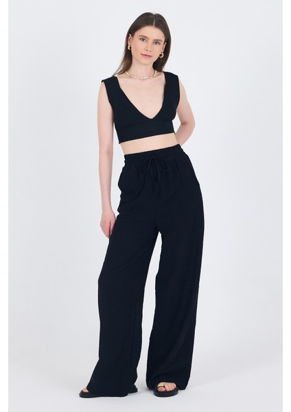 Siyah Keten Görünümlü %100 Pamuk Bol Paça Pantolon 3040 modelleri