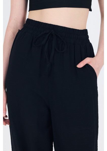 Siyah Keten Görünümlü %100 Pamuk Bol Paça Pantolon 3040 fırsatları