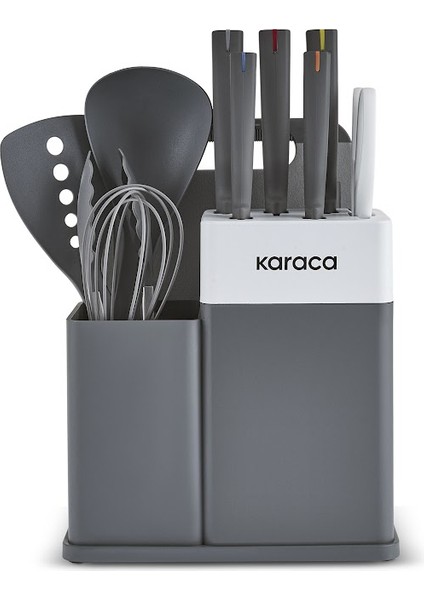 Yame 12 Parça Standlı, Kesme Tahtalı Servis ve Bıçak Seti Gri