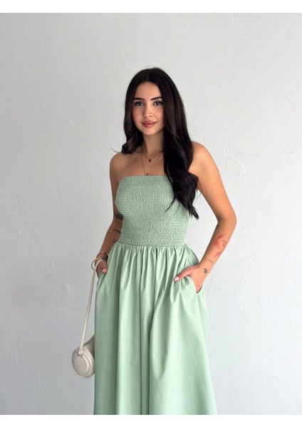 Straplez Pileli Elbise - Su Yeşili