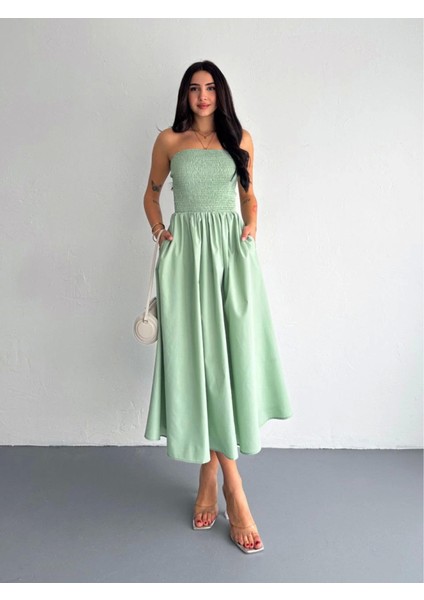 Straplez Pileli Elbise - Su Yeşili fiyatları