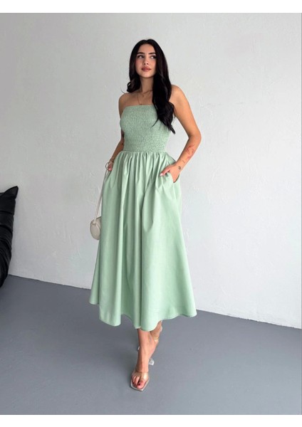 Straplez Pileli Elbise - Su Yeşili modelleri