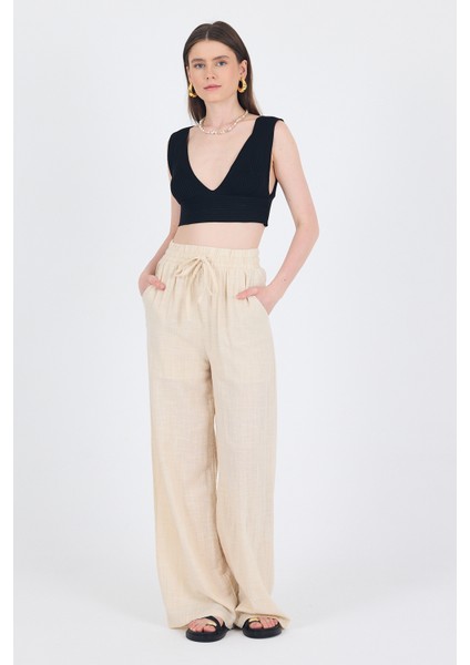 Natural Keten Görünümlü %100 Pamuk Bol Paça Pantolon 3040 fiyatları