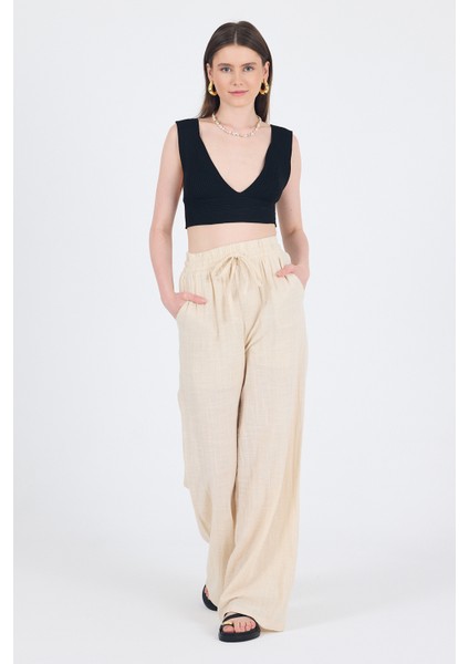 Natural Keten Görünümlü %100 Pamuk Bol Paça Pantolon 3040 modelleri