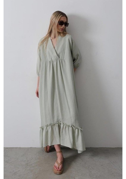 Çizgili Oversize V Yaka Elbise - Haki