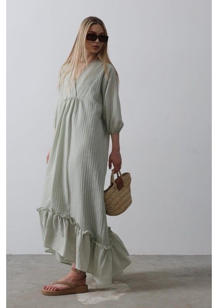 Çizgili Oversize V Yaka Elbise - Haki