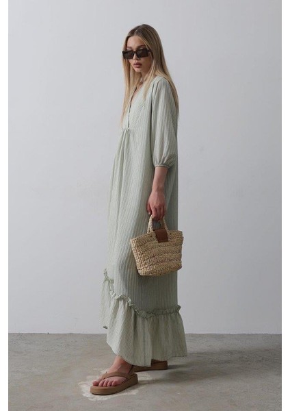 Çizgili Oversize V Yaka Elbise - Haki