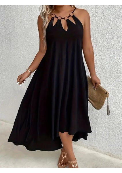 Kadın Boyundan Askılı Damla Detaylı Halkalı Asimetrik Kesim Viskon Elbise