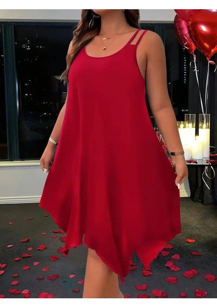 Kadın Askılı Yuvarlak Asimetrik Kesim Detaylı Viskon Elbise