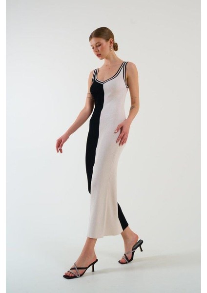 Iki Renki Kolsuz Elbise - Siyah-Krem fiyatları