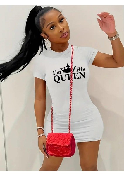Kadın Kısa Kollu Queen Baskı Iki Iplik Mini Elbise fiyatları