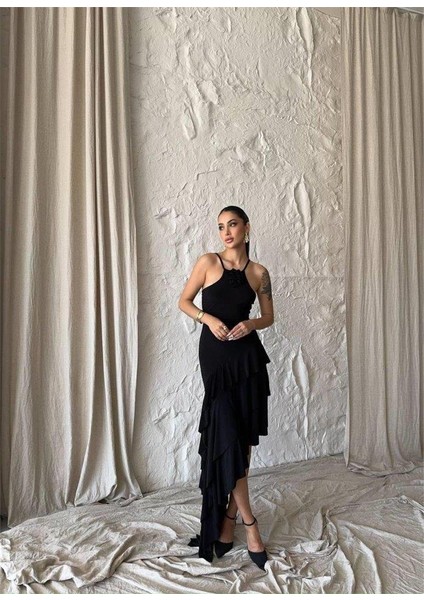 Güllü Elbise Asimetrik Katlı - Siyah fırsatları