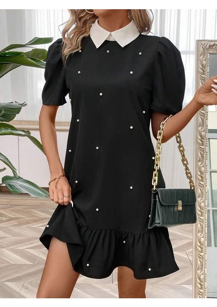 Kadın Kısa Kollu Yakalı Inci Detaylı Kısa Ithal Krep Elbise fiyatları