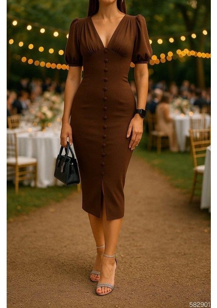 Kadın V Yaka Önü Düğmeli Sırt Pencere Dekolte Elbise