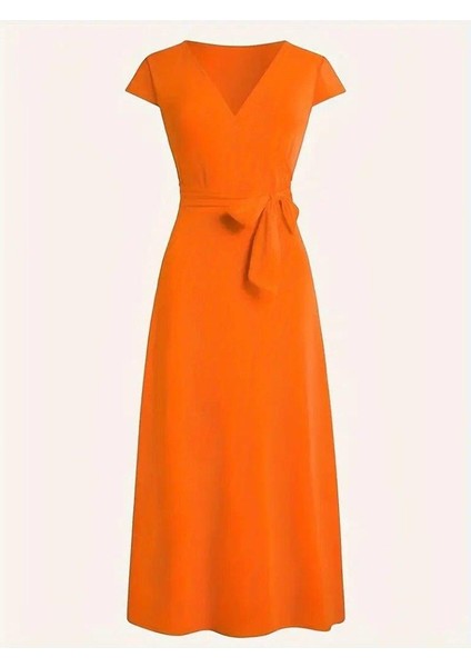 Kadın Kısa Kollu V Yakalı Belden Kuşaklı Maksi Boy Viskon Elbise indirimleri