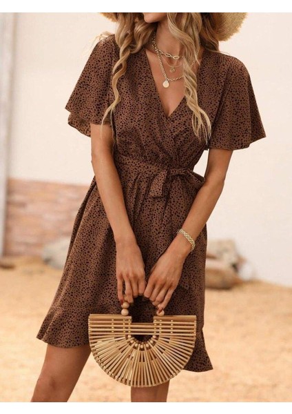 Kadın Kısa Kelebek Kollu Kruvaze Yakalı Belden Kuşaklı Kısa Desenli Süprem Elbise indirimleri