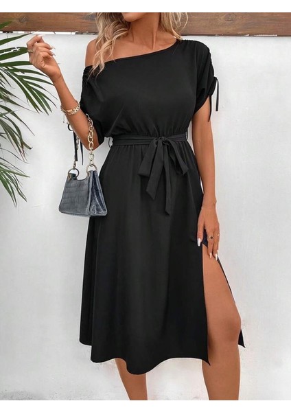 Kadın Tek Omuzu Açık Kol Ucu Fiyonklu Belden Kuşaklı Yırtmaç Detaylı Viskon Elbise modelleri