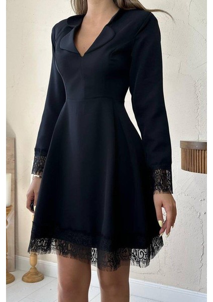 Siyah Dantel Detaylı Kruvaze Yaka Elbise fırsatları