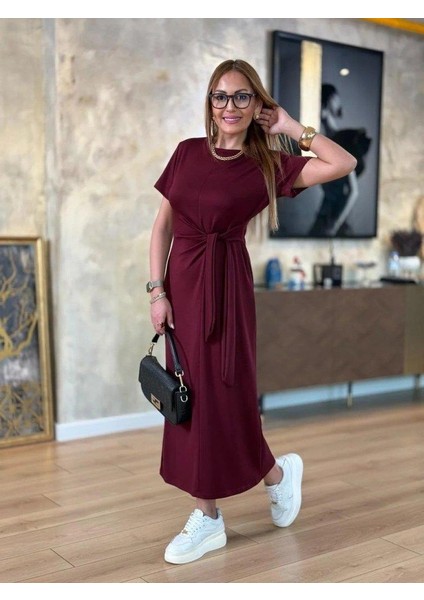 Kadın Kısa Kollu Bisiklet Yaka Yandan Bağlamalı Viskon Iki Iplik Elbise