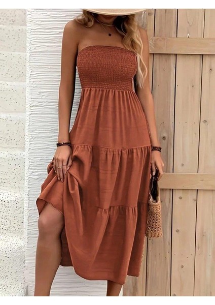 Kadın Straplez Göğüsten Lastikli Kloş Aerobin Uzun Elbise modelleri