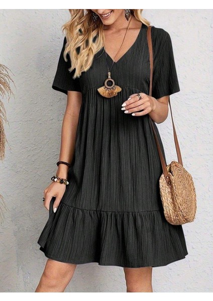 Kadın Kısa Kollu V Yakalı Fırfırlı Bürümcük Elbise modelleri