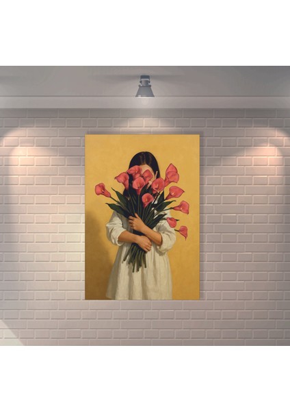Kırmızı Çiçekler ve Kadın Retro Mdf Duvar Dekarasyon Tablosu