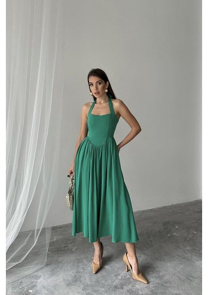 Yeşil Boyundan Bağlamalı Keten Elbise fiyatları