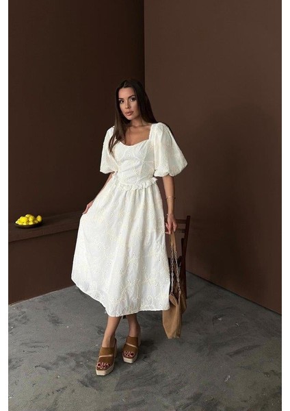 Ekru Balon Kollu Dantelli Brode Elbise