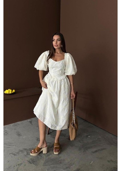 Ekru Balon Kollu Dantelli Brode Elbise modelleri