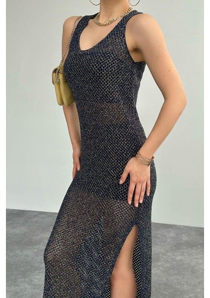 Simli Ajurlu Uzun Elbise - Lacivert-Sarı fırsatları