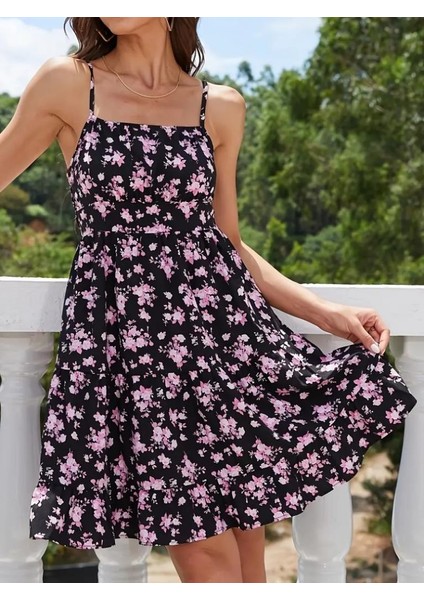 Kadın Askılı Çiçek Desenli Süprem Mini Elbise modelleri