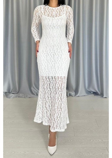 Beyaz Dantelli Uzun Kollu Elbise modelleri