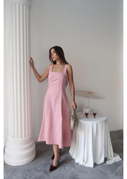 Pembe Çift Dikişli Gabardin Elbise