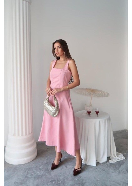 Pembe Çift Dikişli Gabardin Elbise modelleri