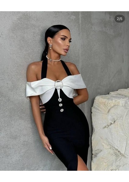 Kadın Madonna Yaka Tasarım Taş ve Düğme Detay Dalgıç Kumaş Elbise