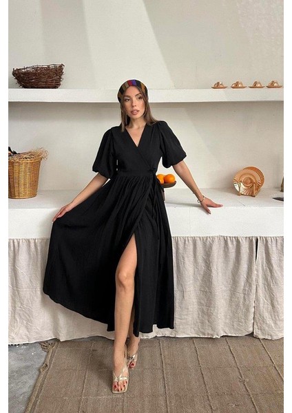Siyah Müslin Uzun Elbise