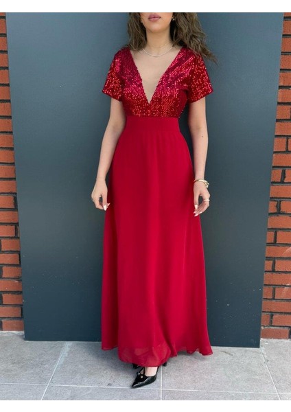 Kadın Kısa Kollu Derin V Yakalı A Kesim Pulpayet Detaylı Şifon Nedime Elbisesi fiyatları