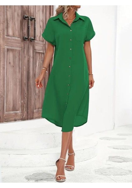 Kadın Kısa Kollu Yakalı Düğme Detay Midi Dokuma Elbise indirimleri