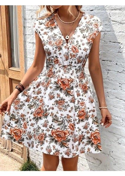 Kadın Kısa Kollu Kruvaze Yakalı Çiçekli Desenli Süprem Elbise indirimleri