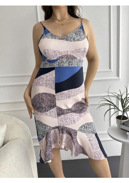 Kadın V Yaka Askılı Eteği Volanlı Yırtmaç Detay Desenli Dalgıç Büyük Beden Elbise modelleri