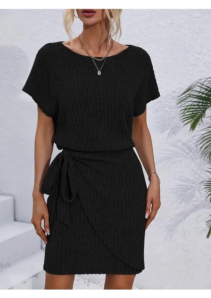 Kadın Kısa Kollu Yakası Açık Belden Lastikli Yandan Bağlamalı Kalın Fitilli Kaşkorse Elbise fiyatları